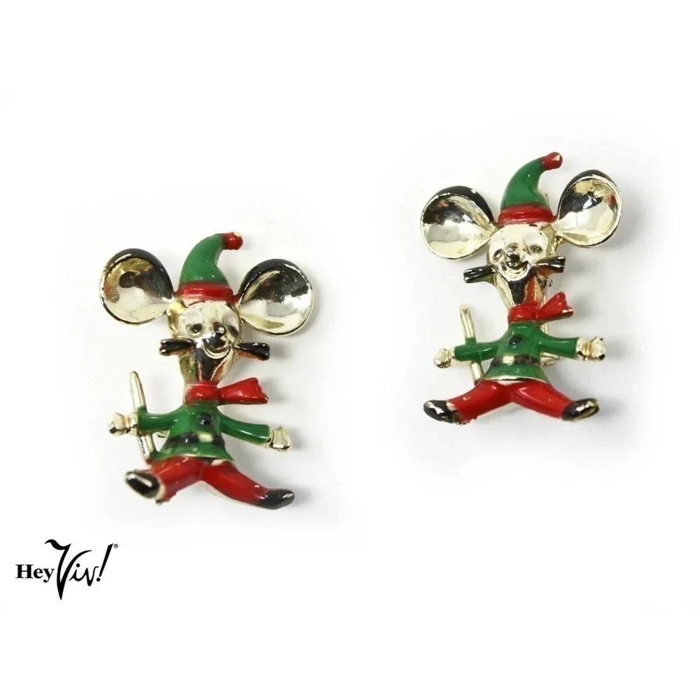 Two Vintage BJ Signed Santa Mouse Pins Christmas Holiday Cute Gift 1.5